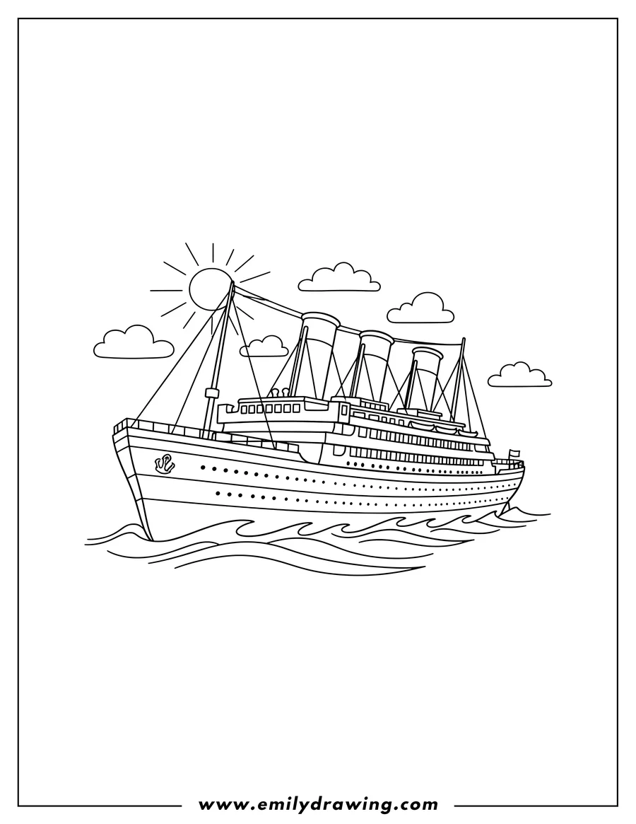 Downloadable coloring page of side View Titanic with four funnels and detailed decks