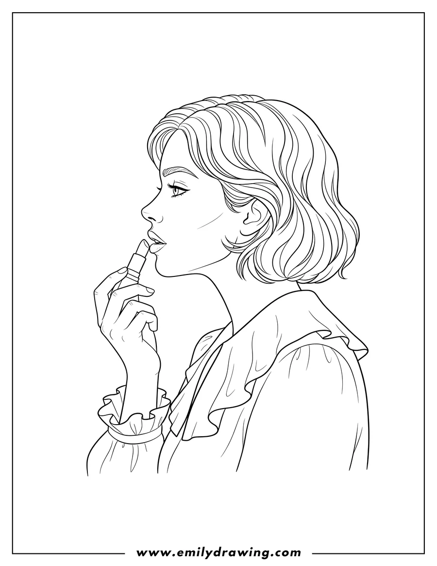 Printable coloring page of side View Woman Applying Lipstick, with short wavy hair and ruffled collar