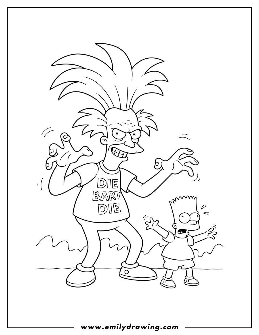 Full page coloring image of sideshow Bob in a menacing pose, wearing a 'DIE BART DIE' shirt, scaring Bart Simpson