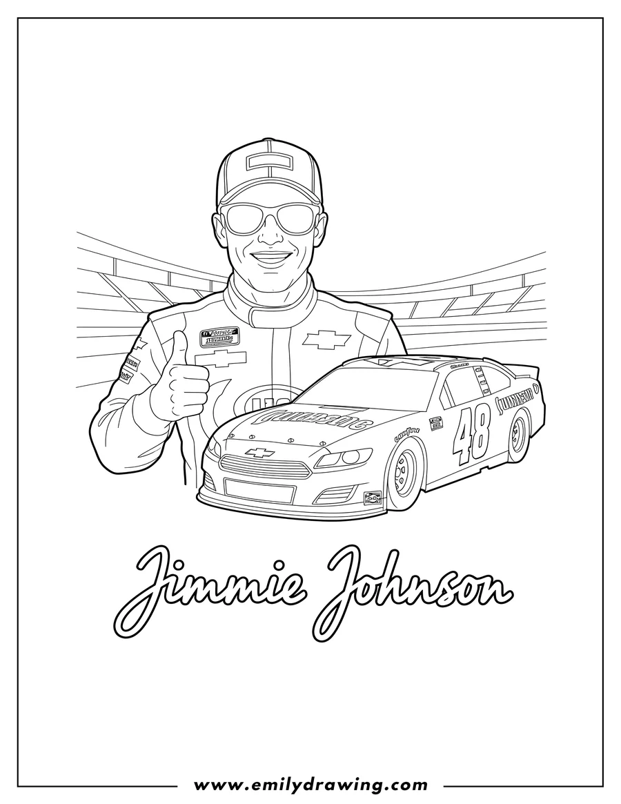 Coloring sheet featuring signed Jimmie Johnson Nascar coloring page, showing him in a cap and sunglasses next to his number 48 race car