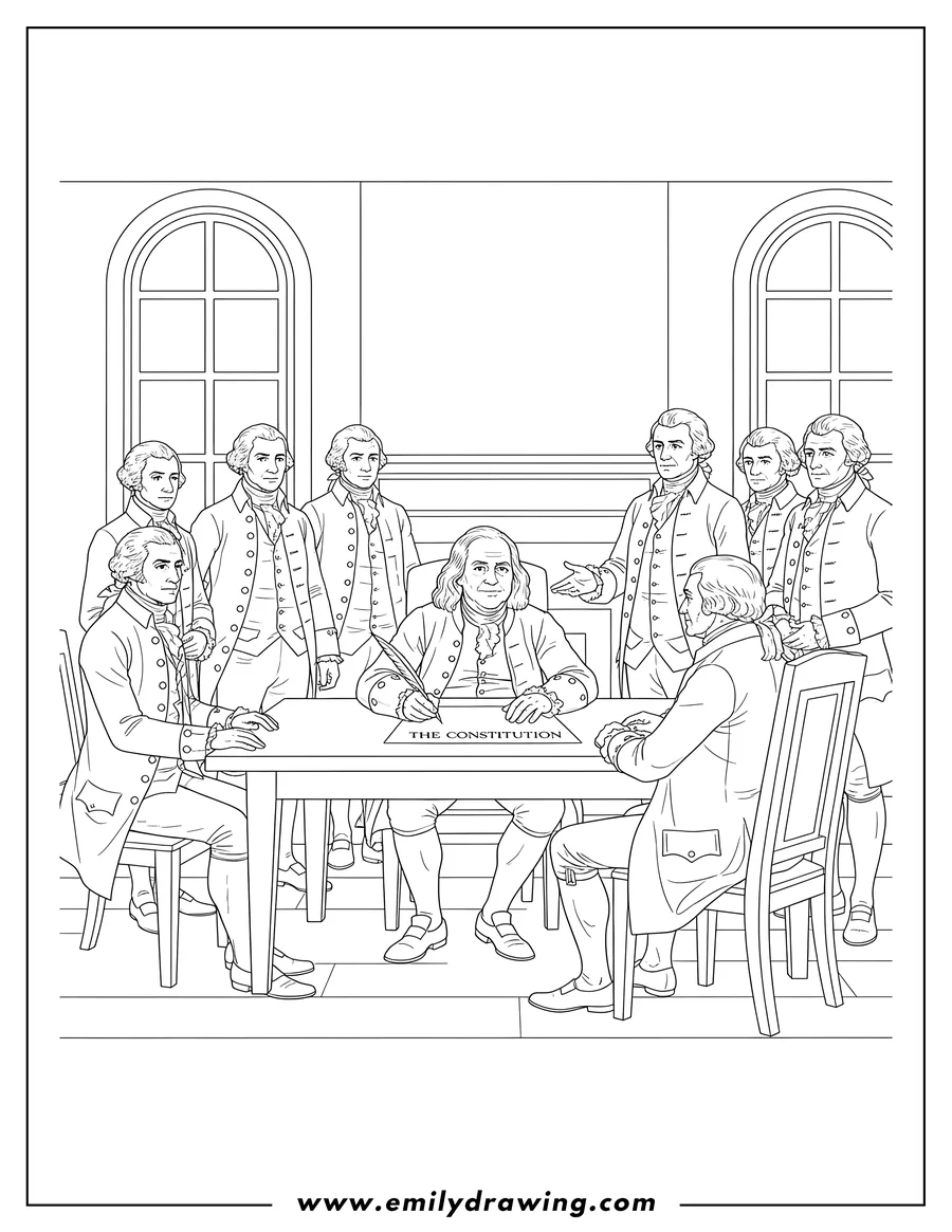 PDF style coloring page: america's Founding Fathers gathered around a table, with one man seated and writing, signing the Constitution