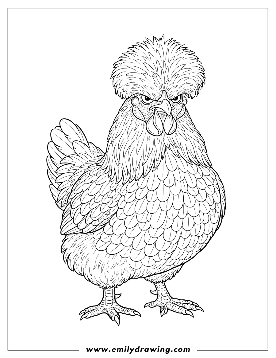 Free printable coloring sheet of silkie Chicken Scaled, with a crested head and grumpy expression