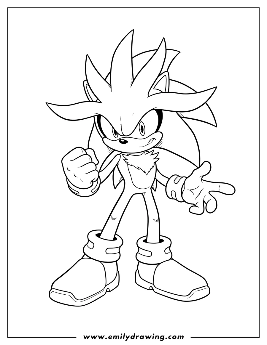 Doodle style coloring picture of detailed Outline Silver the Hedgehog standing in a determined pose