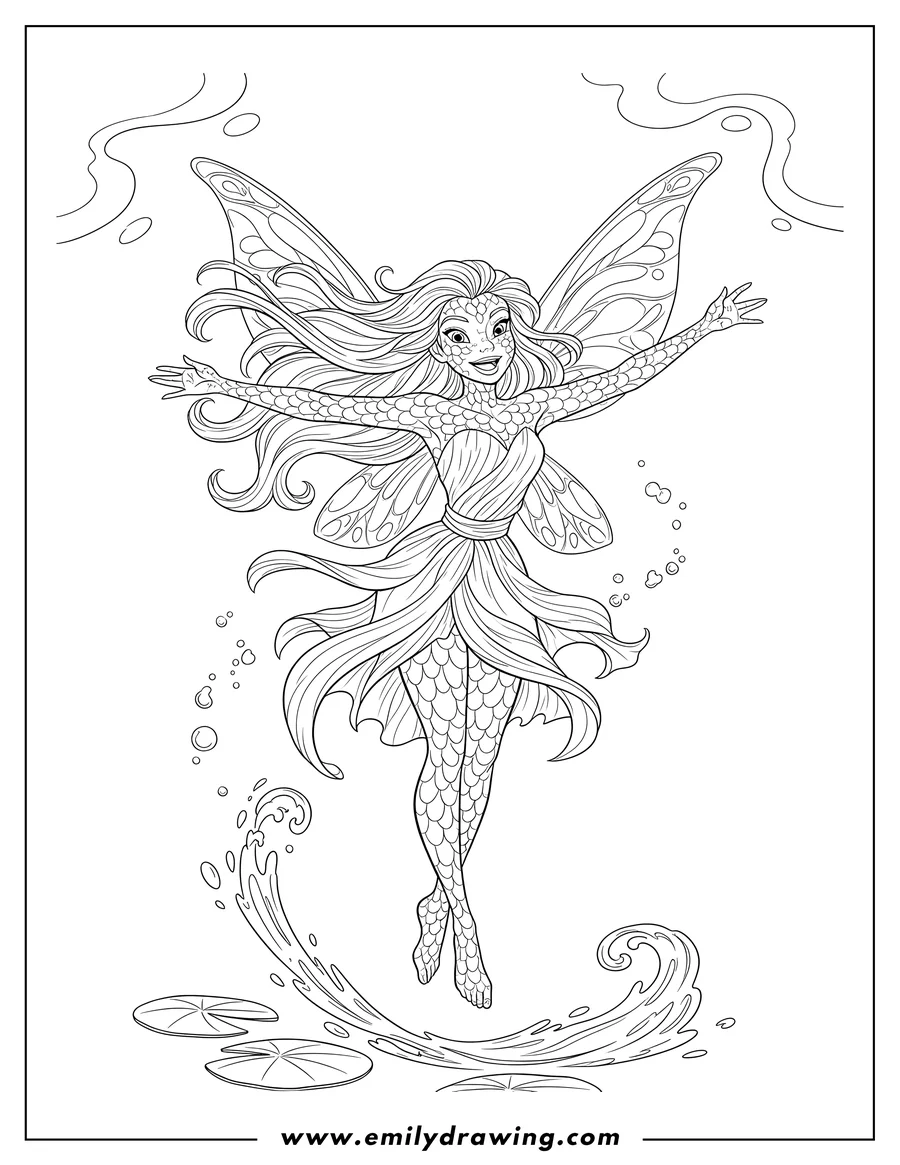 Vector style outline of silvermist Fairy Scaled, smiling and flying