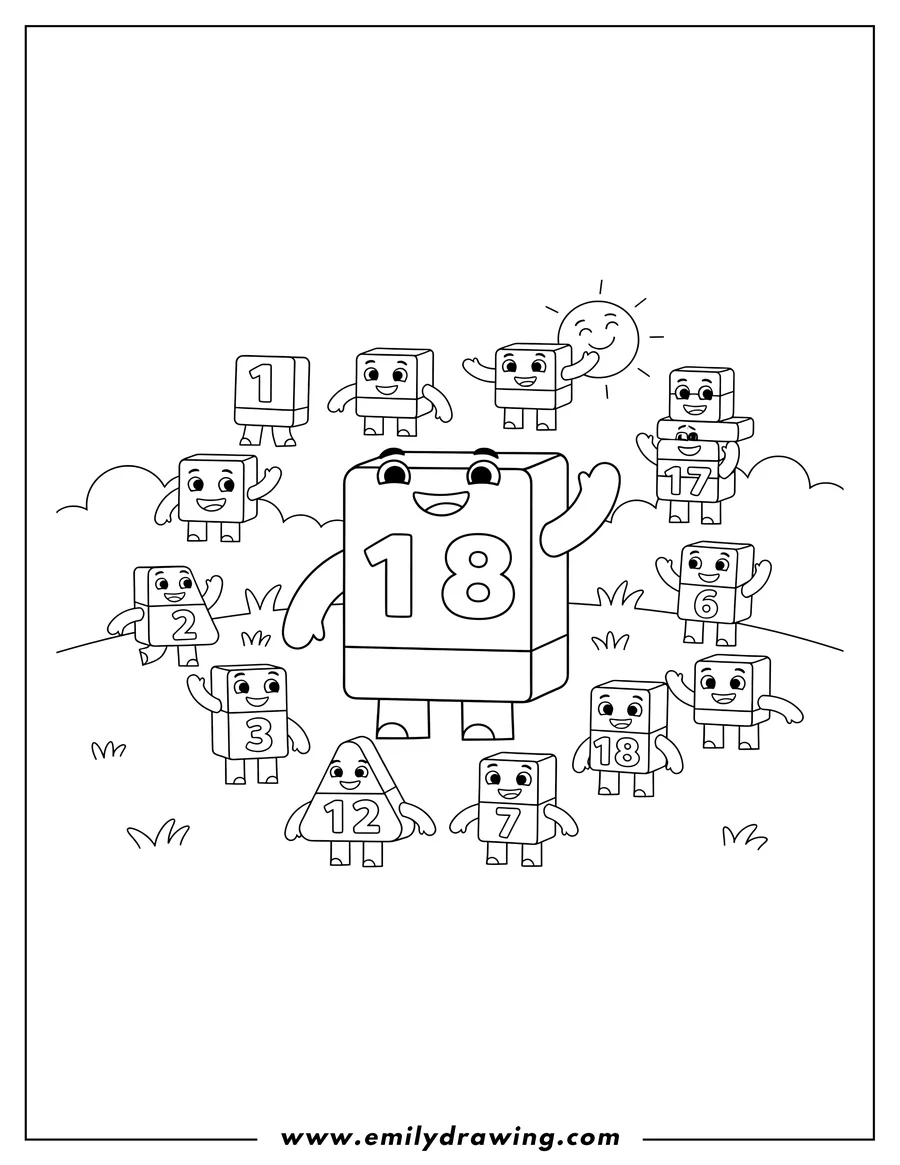 Printable coloring page of simple 18 Numberblocks standing and smiling