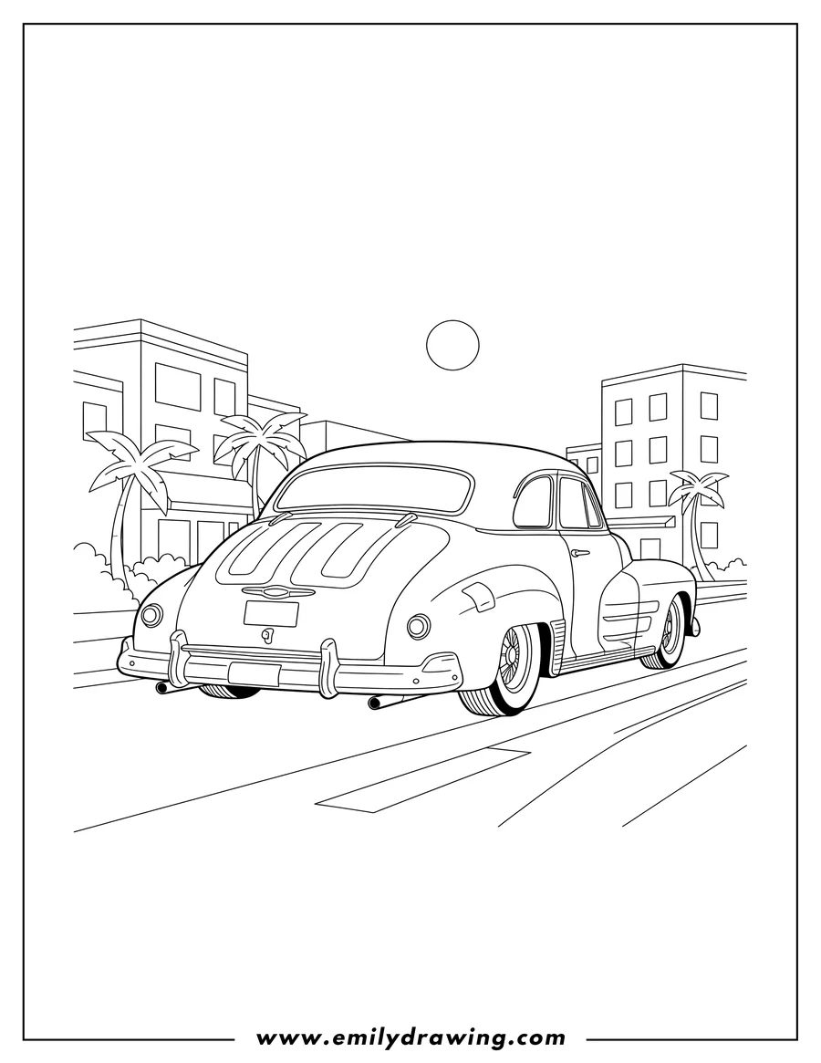 Vector style outline of 1949 Chevy Fleetline Lowrider Rear View on a street