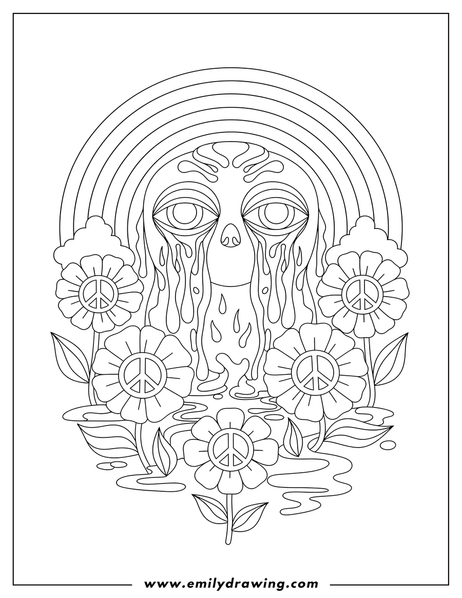 Free printable coloring sheet of 1970s Style Trippy with Dripping Eyes, Rainbow, and Flowers