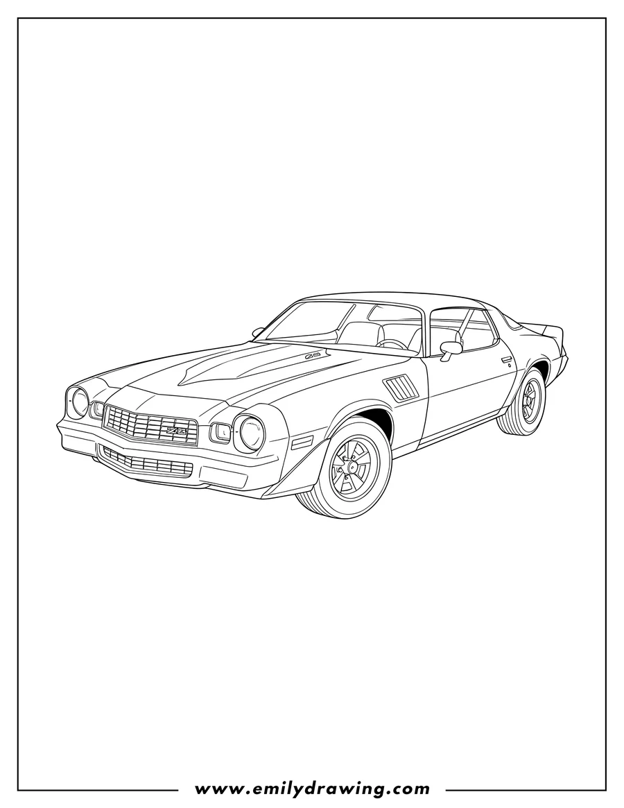 Simple sketch of 1979 Chevrolet Camaro Z28 outline, angled view to color