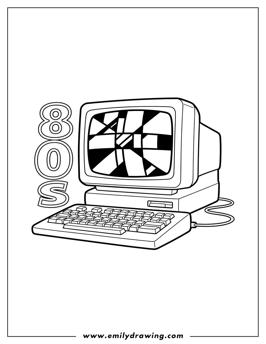 Free to print drawing of 1980s computer with a vintage monitor displaying a pixelated pattern and a keyboard