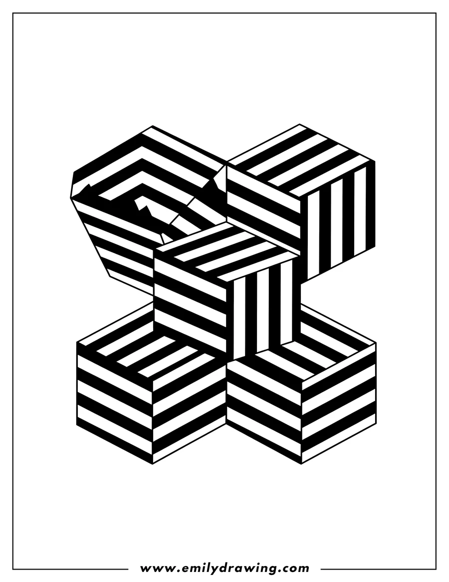Free to print drawing of 3D geometric cubes with striped patterns, forming an optical illusion