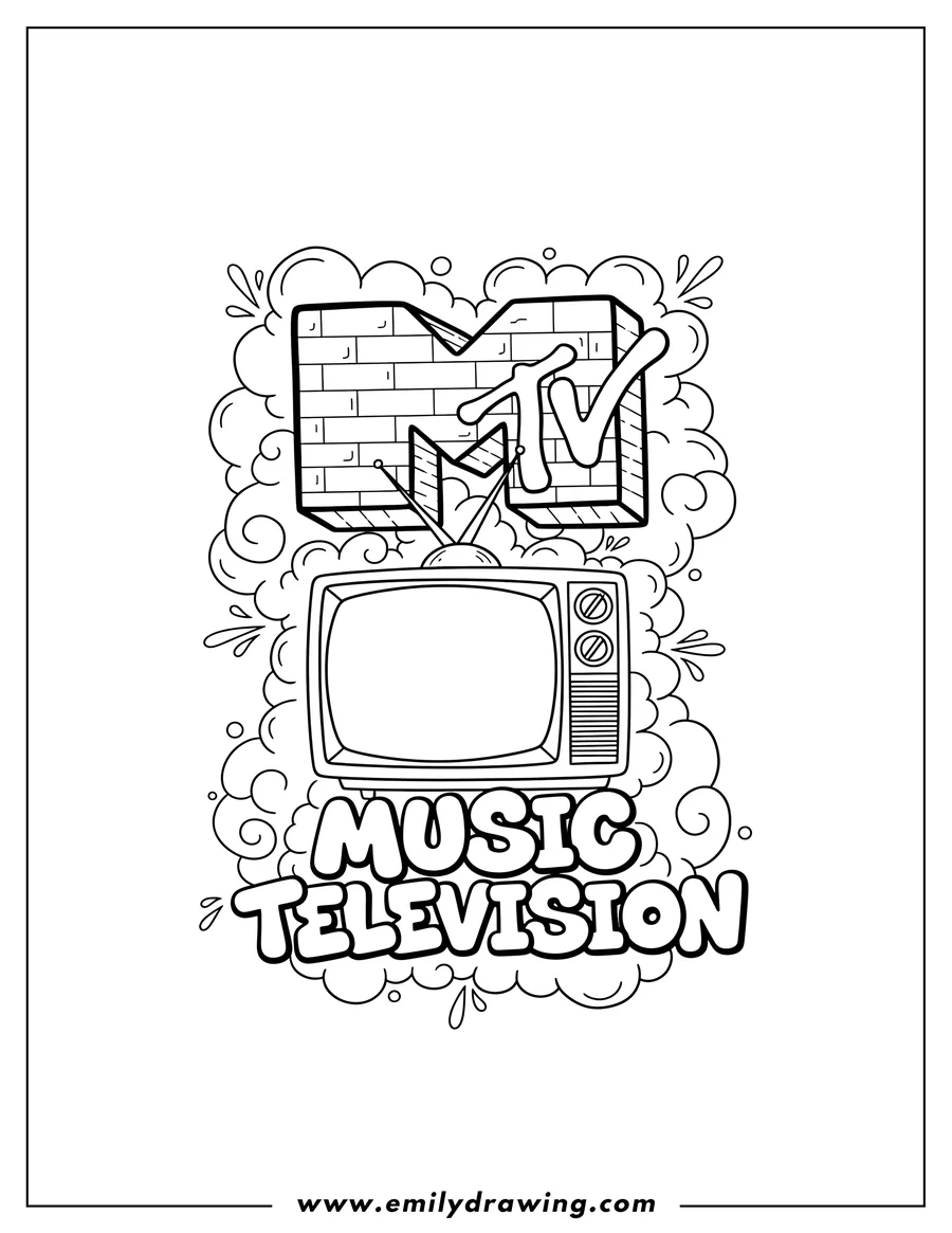 Black and white line art of 80s MTV logo with a block M, graffiti-style TV, and MUSIC TELEVISION text below