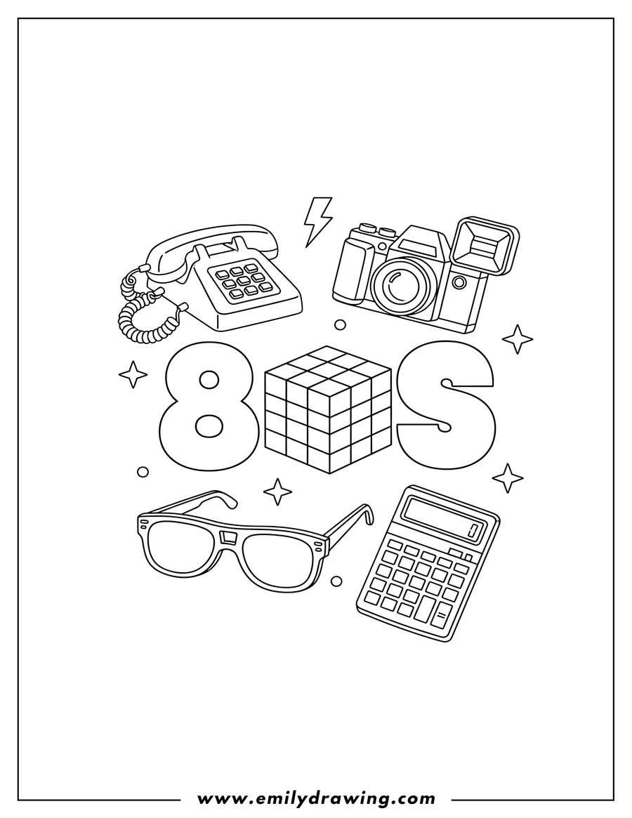 Simple sketch of 80s Rubik's Cube, retro phone, camera, sunglasses, and calculator to color
