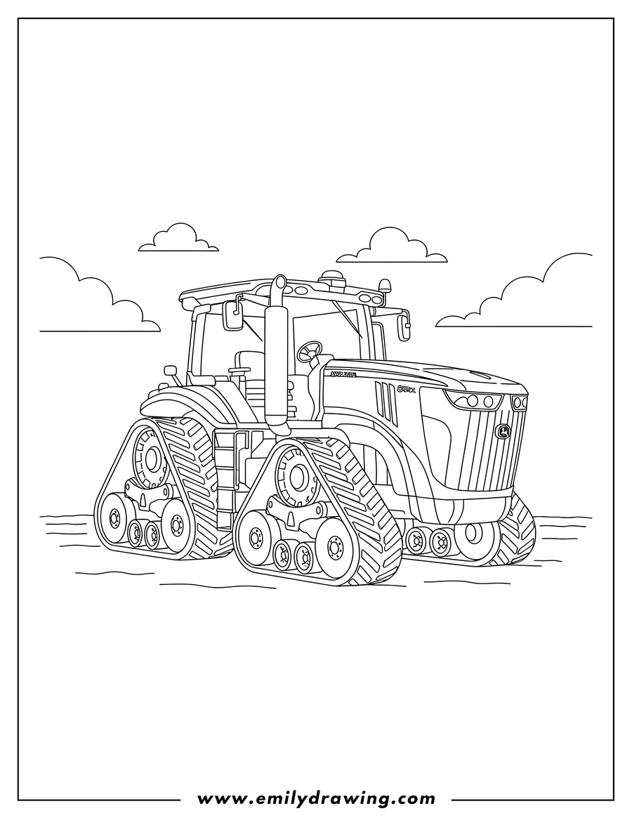 Full page coloring image of john Deere 8Rx Row Tractor Model with tracks