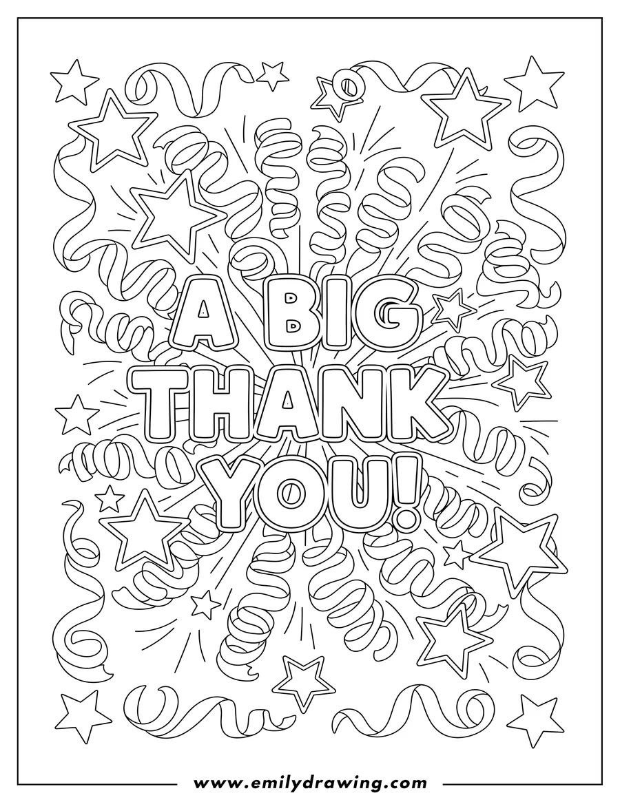 Printable coloring page of A big thank you! coloring page with stars and curly ribbons