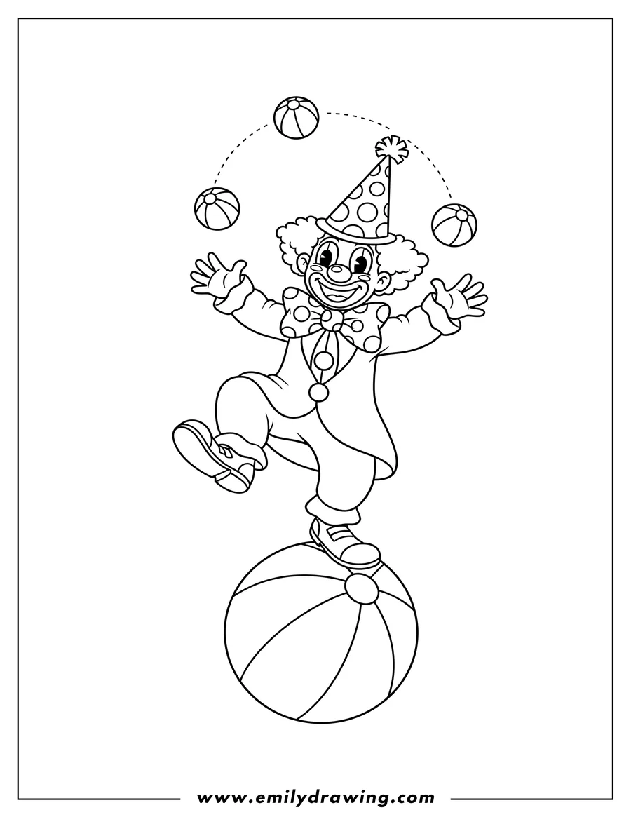 Downloadable coloring page of A clown wearing a hat and bow tie, juggling balls while balancing on one foot on a large ball