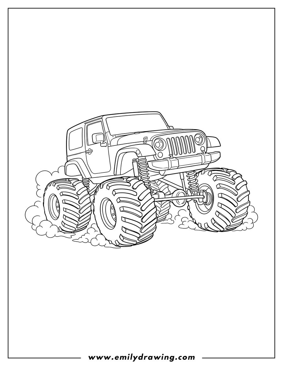 Full page coloring image of A monster truck Jeep with giant wheels