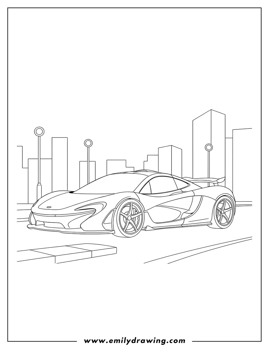 Free printable coloring sheet of A sleek Mclaren P1 sports car on a city road