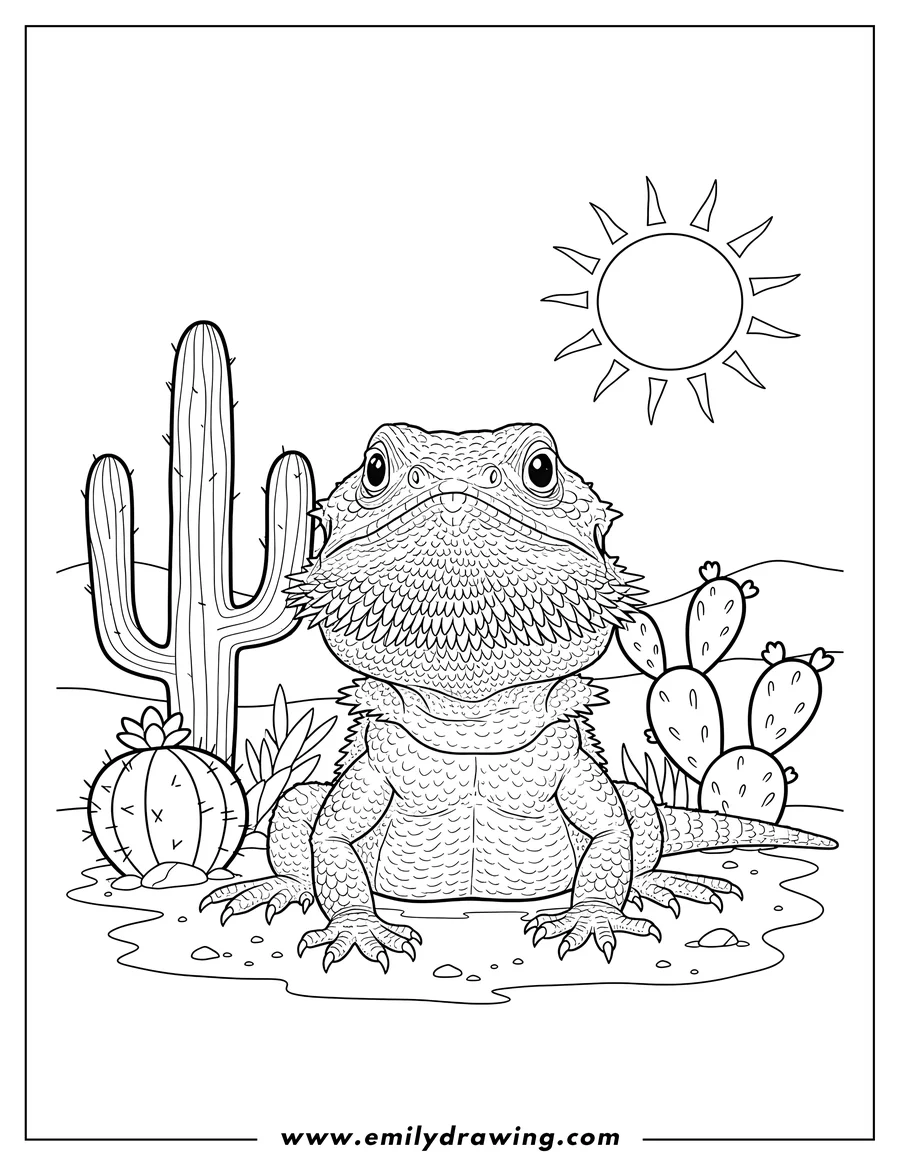 Black and white line art of A spiky bearded dragon looking up in a desert surrounded by cacti