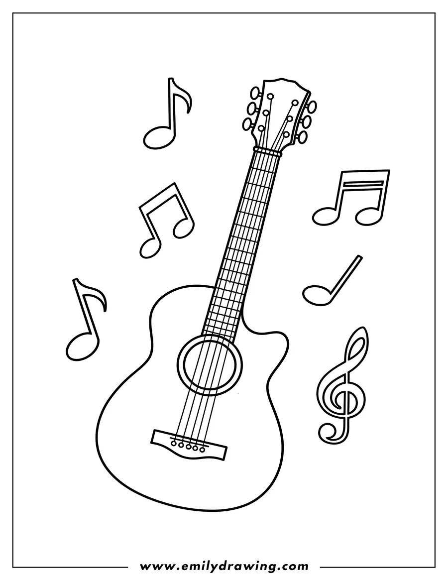 High quality printable simple Acoustic Guitar with musical notes for coloring