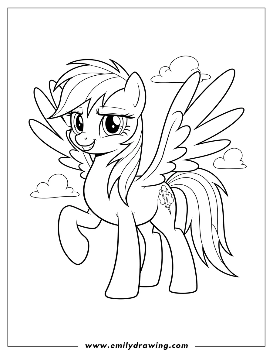 Coloring page of adult Rainbow Dash smiling confidently with a lightning bolt cutie mark