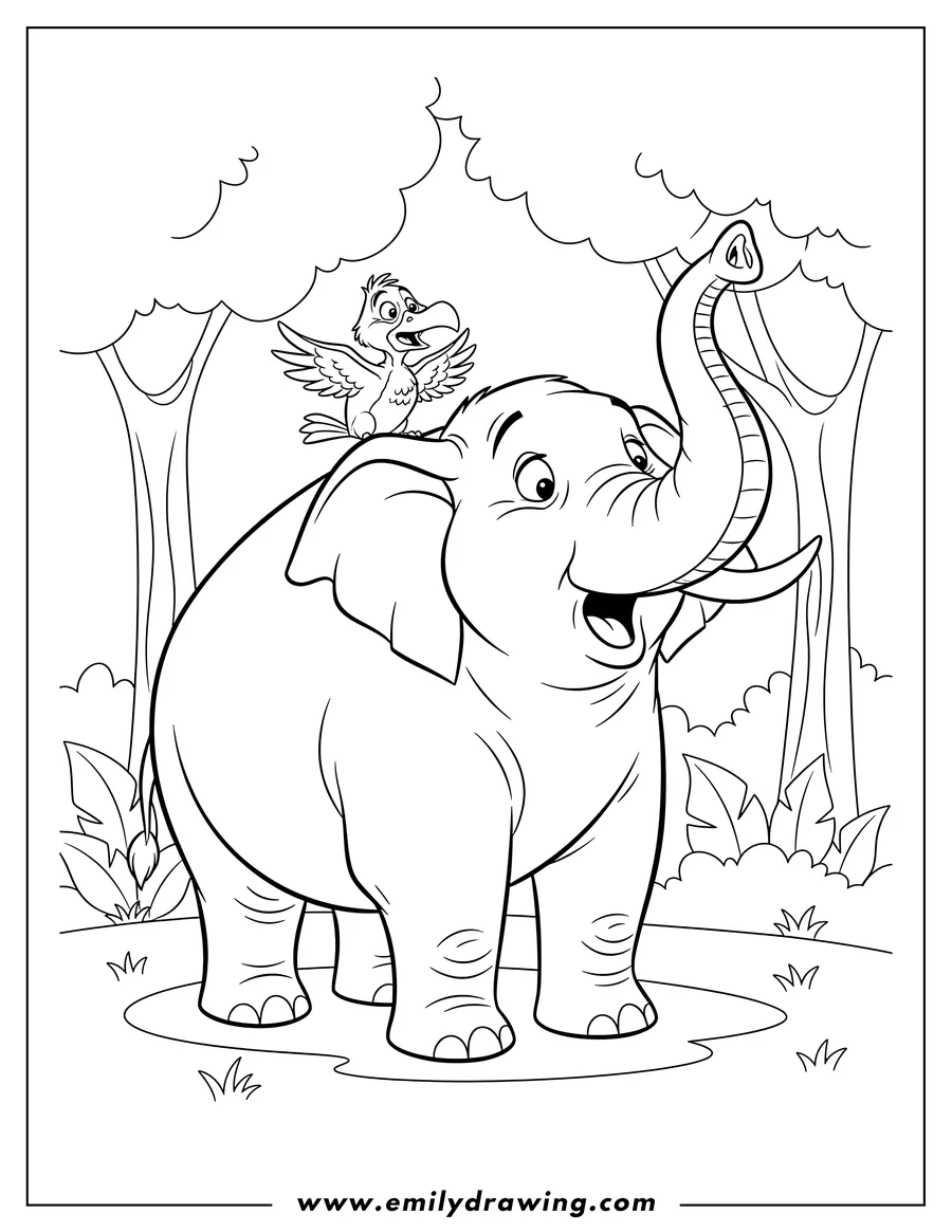 Printable line art of adult Tantor With Bird On His Back, looking surprised with a raised trunk