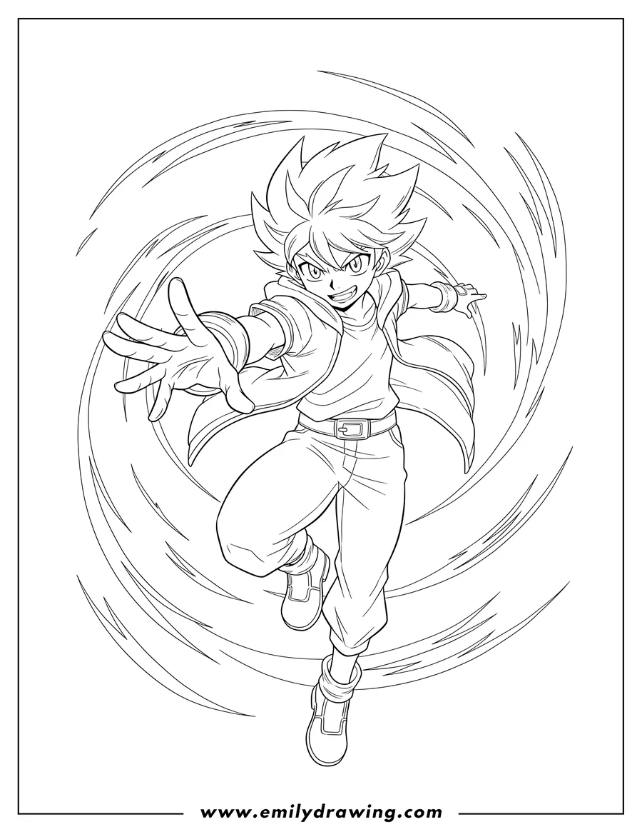Printable line art of easy Outline Aiger Akabane in a dynamic action pose with a swirling background