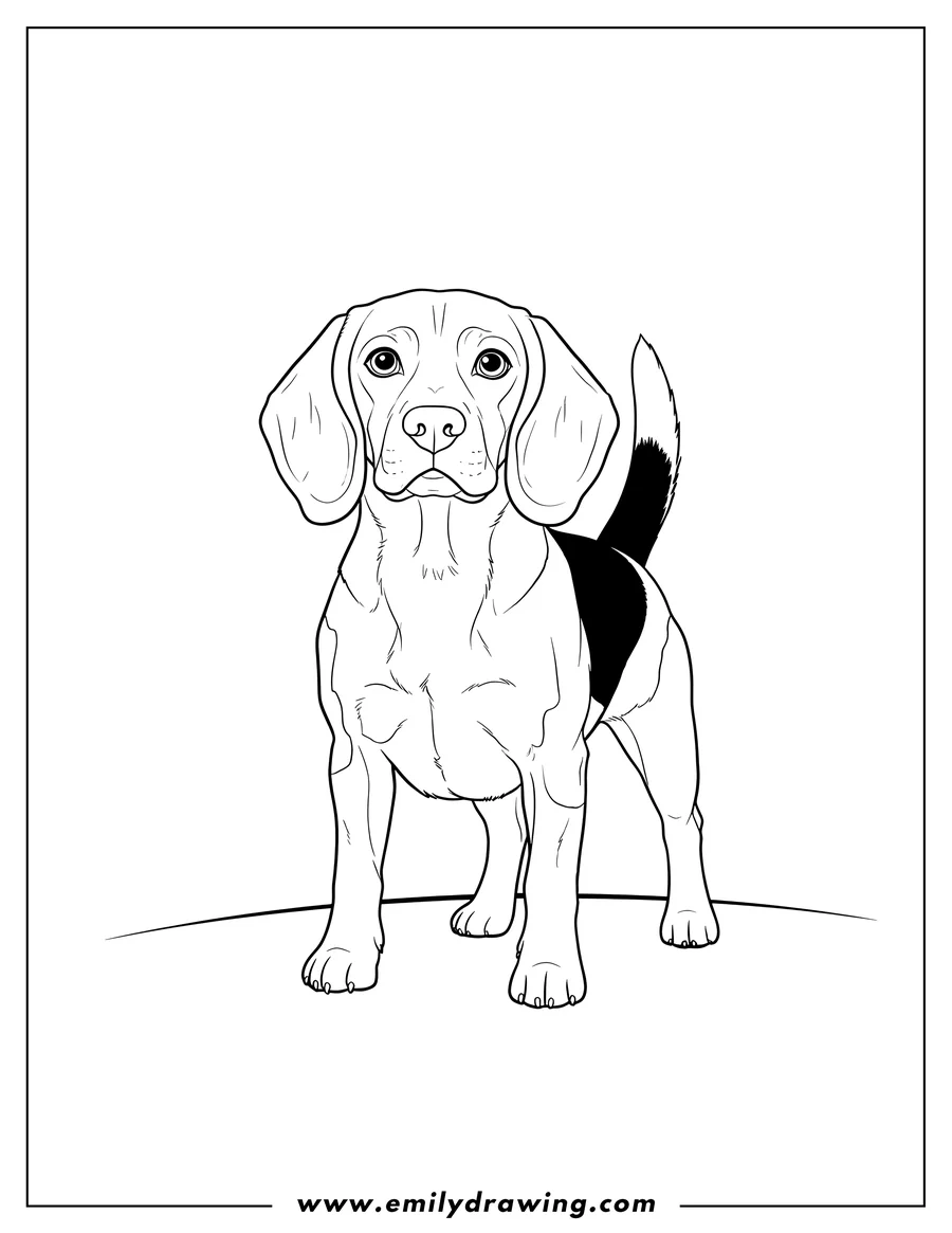 Clean line drawing: alert Beagle, standing and looking forward