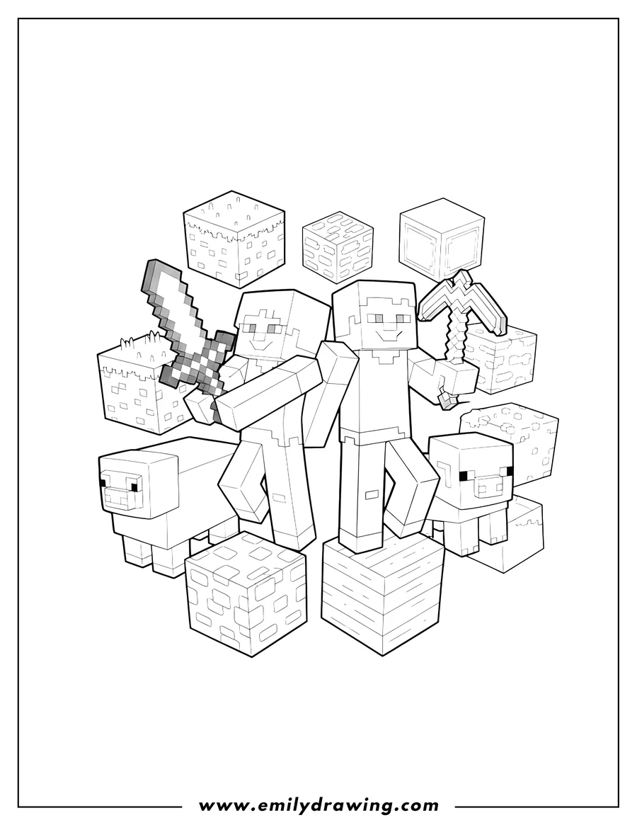 Doodle style coloring picture of alex and Steve holding a sword and pickaxe, with a sheep and a pig, surrounded by Minecraft blocks