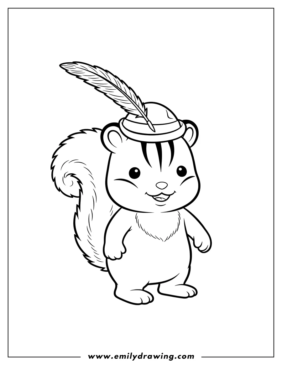 Printable coloring page of cute Alfie Walnut Calico Critters smiling, wearing a feathered hat