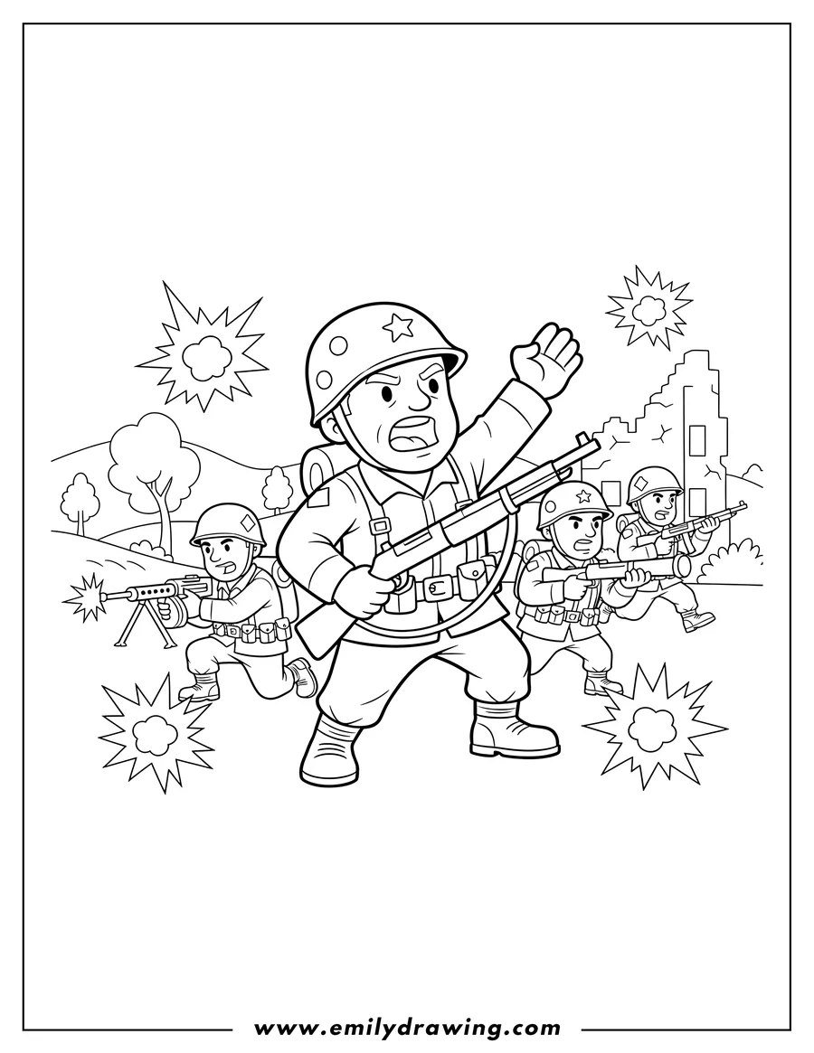 Clean line drawing: call Duty Allied Soldiers Fighting Wwii, with one soldier shouting and others holding weapons