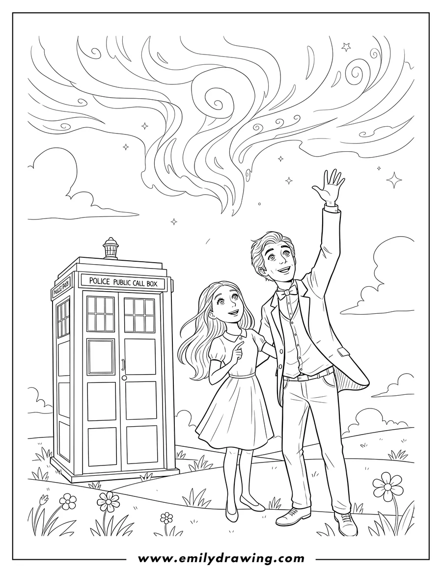 Full page coloring image of amy Pond And Doctor Who looking up, with Doctor Who reaching up, outside Police Box