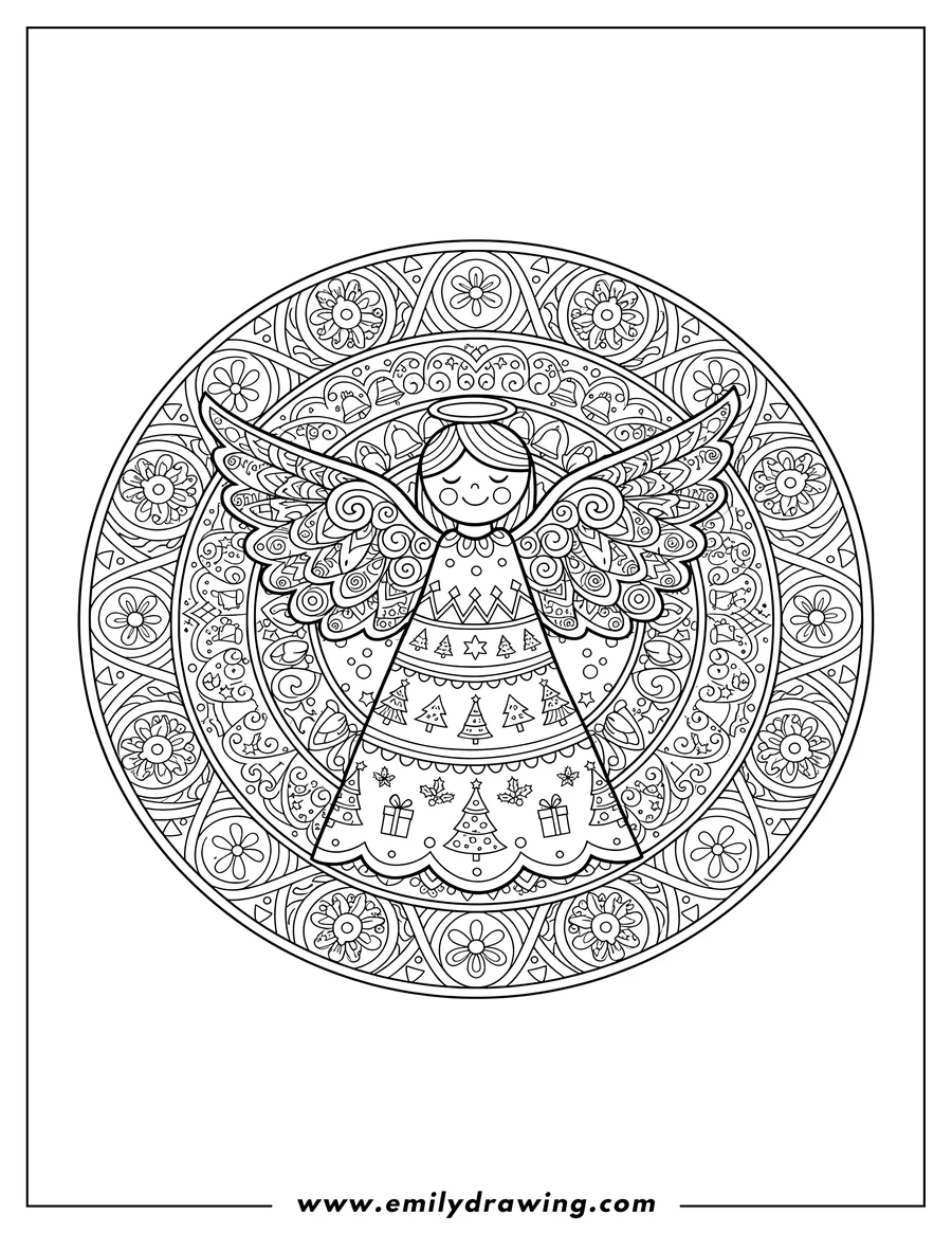 Coloring page for kids: simple Angel Christmas Mandala with ornate wings and patterned dress