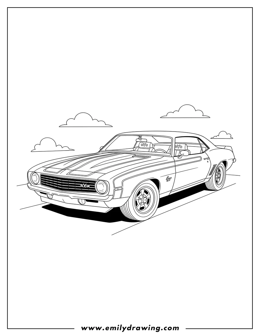 Clean line drawing: angled front view Chevrolet Yenko Camaro with side stripes