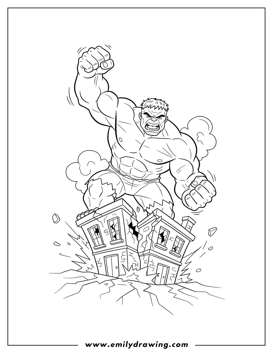 Vector style outline of angry Hulk with raised fist smashing a building