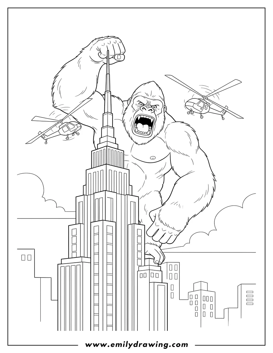Clean line drawing: angry King Kong on top of a skyscraper, one fist raised and gripping the spire, fighting helicopters