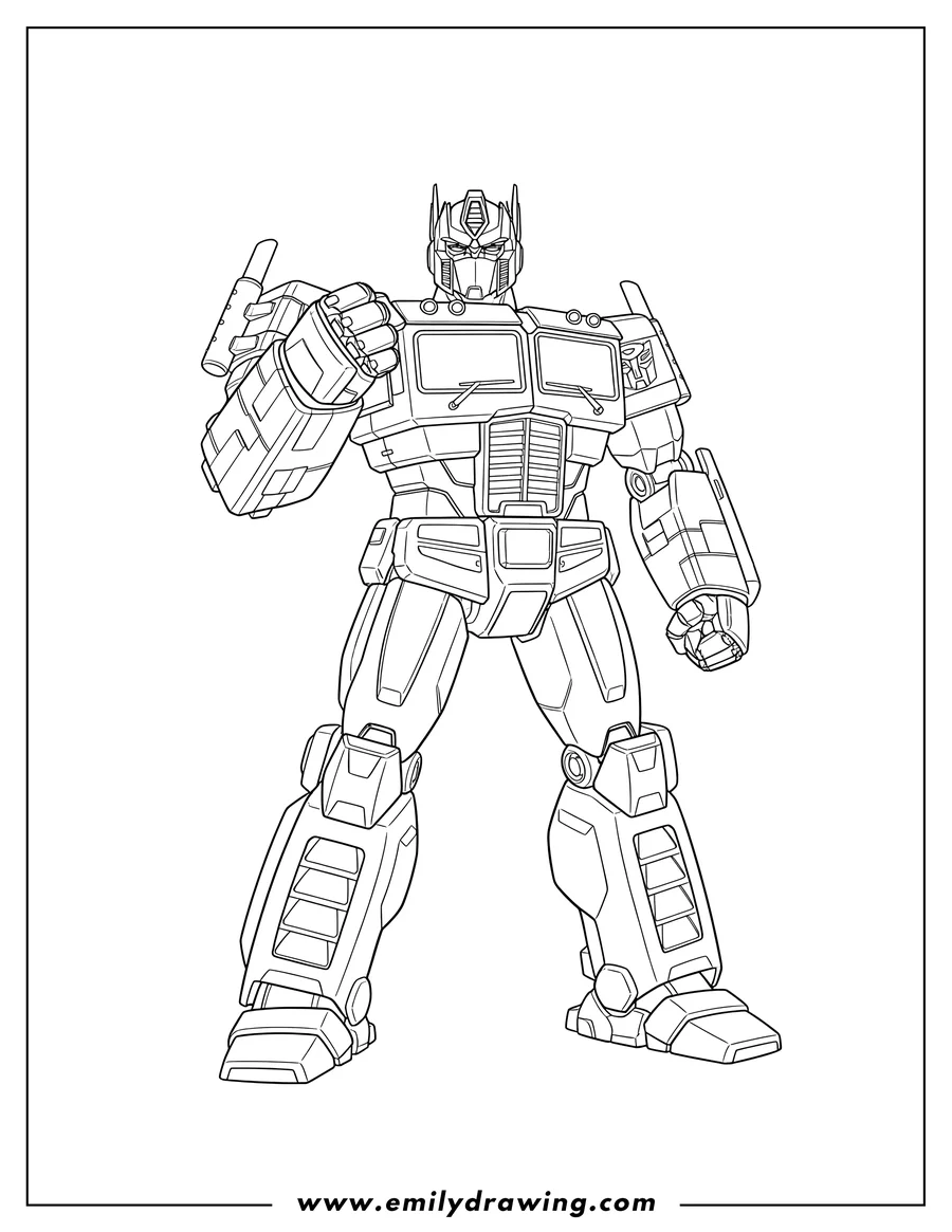 Free printable coloring sheet of angry Optimus Prime standing tall with a clenched fist