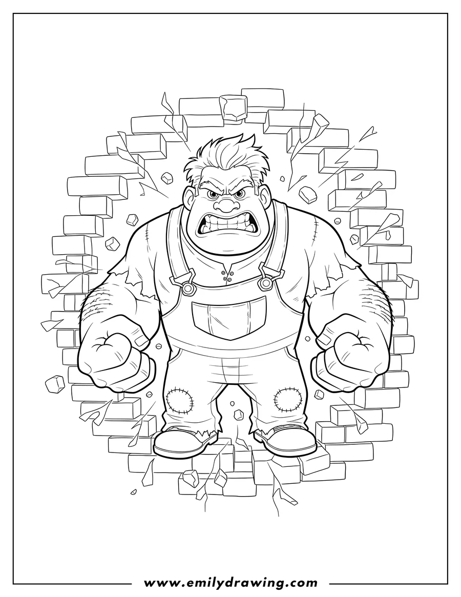 Downloadable coloring page of angry Wreck It Ralph, fists clenched and bursting out
