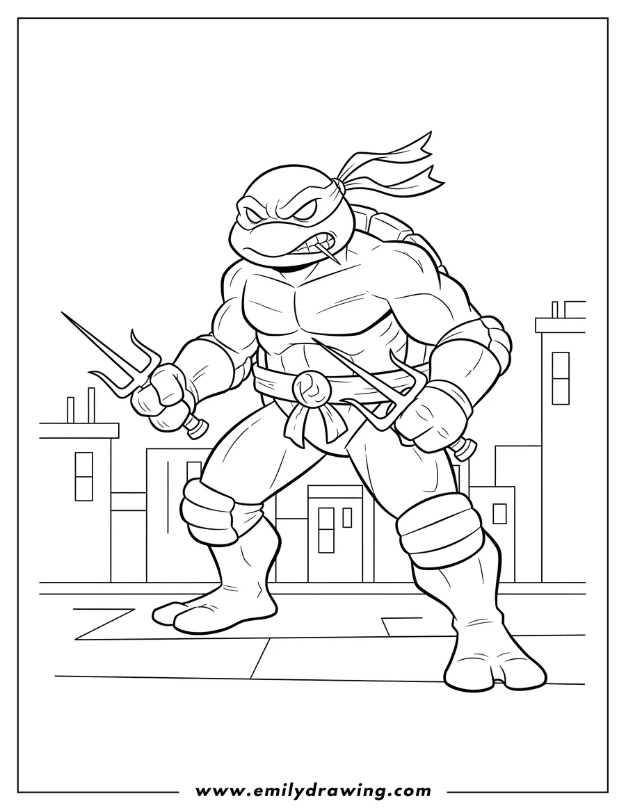 Outline drawing of angry Raphael holding two sai, with a toothpick in his mouth, on a rooftop