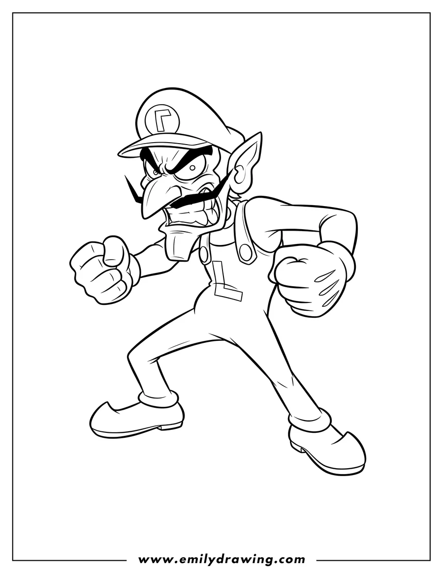 Coloring sheet featuring nintendo Angry Waluigi in an action pose with clenched fists