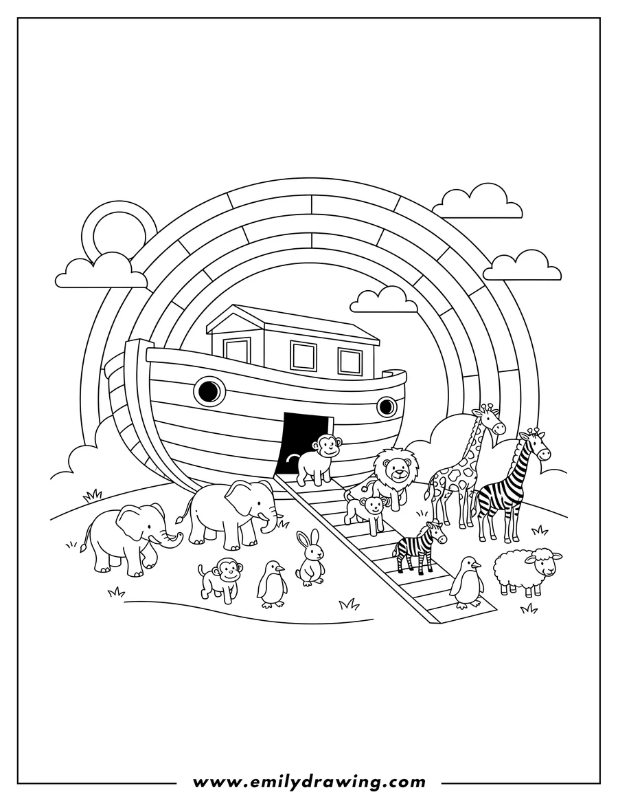 Free printable coloring sheet of animals Leaving Noah S Ark in pairs under a rainbow