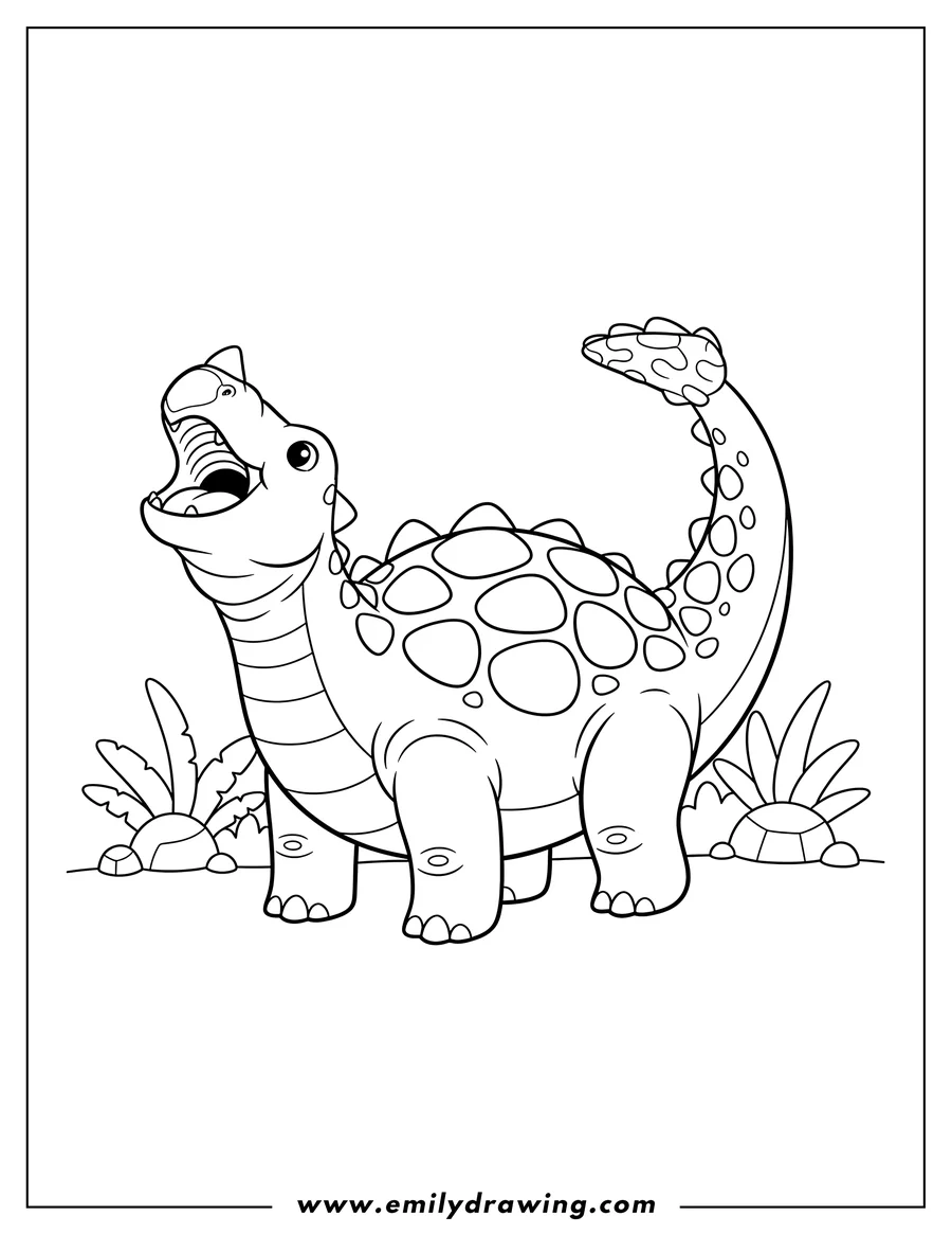Coloring page for kids: simple Ankylosaurus roaring with a raised club tail