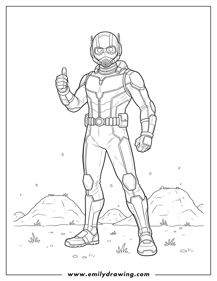 Free to print drawing of ant Man Superhero From Avengers standing and giving a thumbs-up