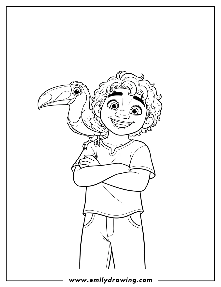 Coloring page of antonio smiling, arms crossed, with a toucan on his shoulder