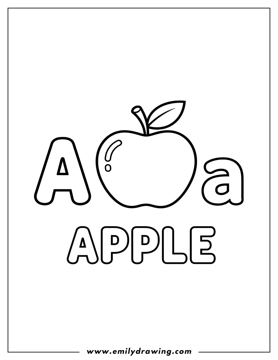 Coloring page of simple apple coloring page for preschoolers, featuring the letter A a and the word Apple