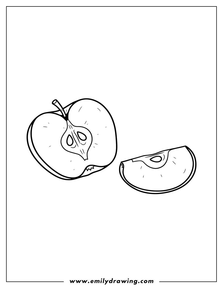 Free to print drawing of A cut apple in half with seeds, and an apple slice with a seed