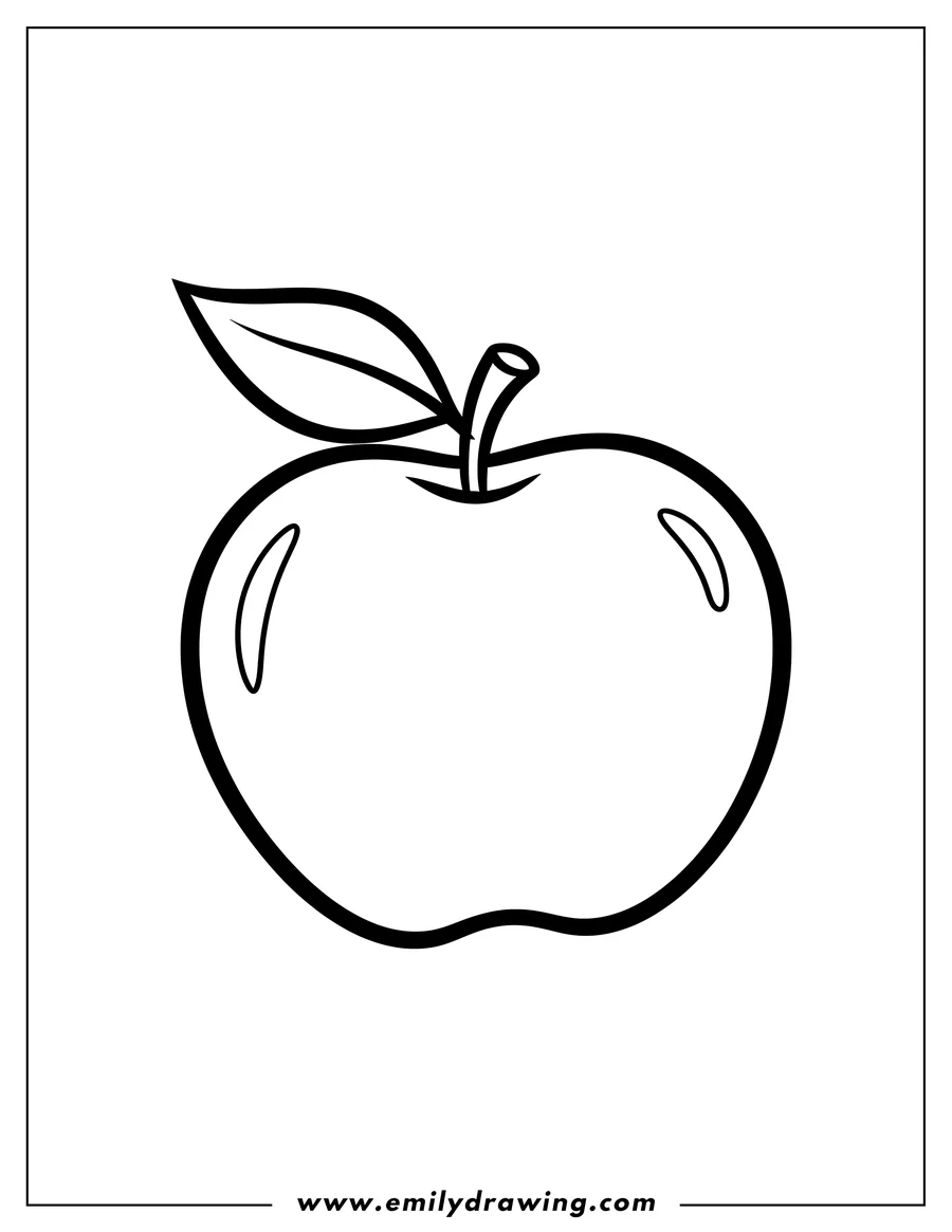 Full page coloring image of A simple apple line drawing with a stem and a leaf, scaled for preschoolers