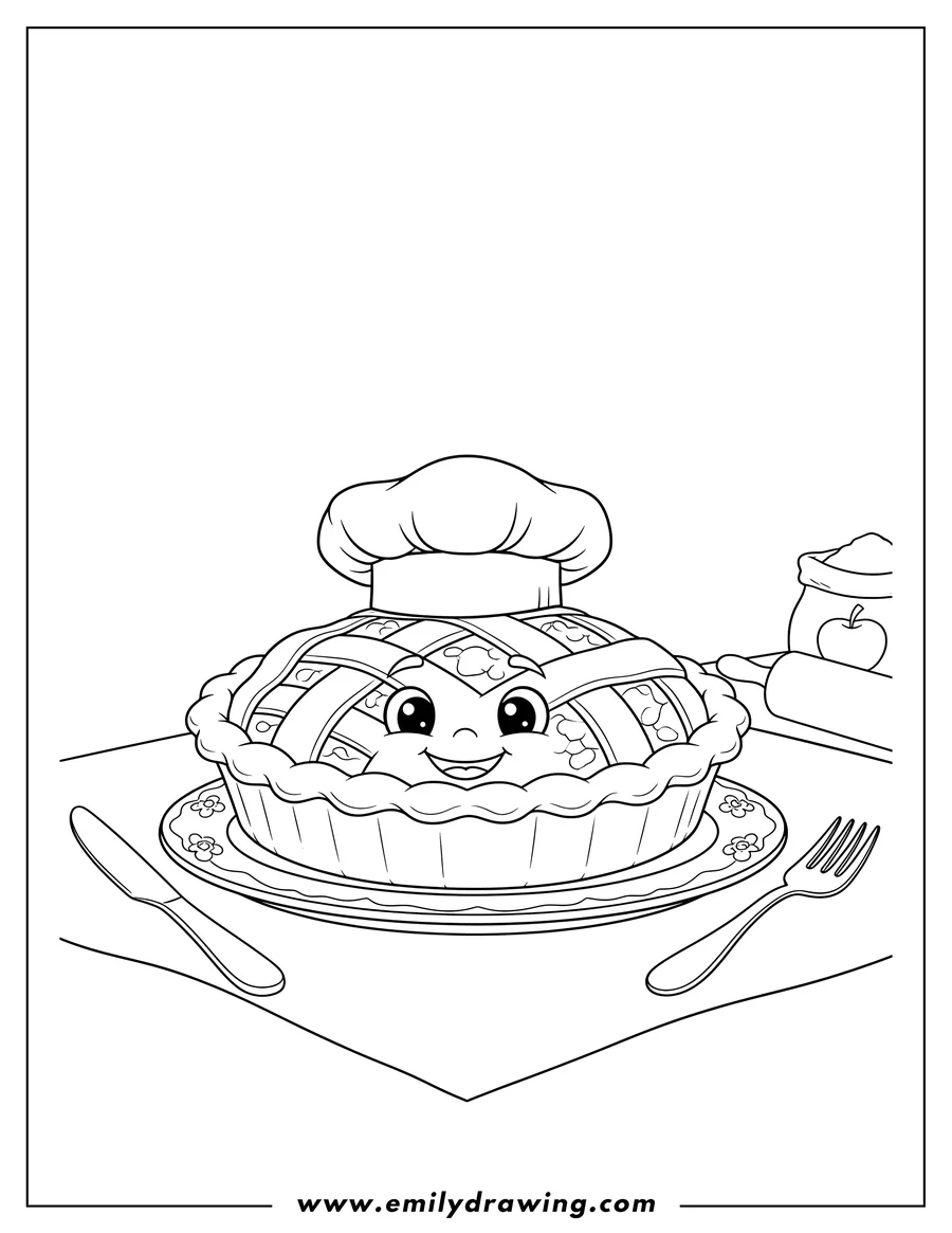 PDF style coloring page: apple Pie Scaled, with a lattice crust on a plate, next to a knife and fork