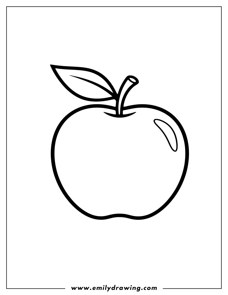 PDF style coloring page: simple Apple Stencil with a leaf and stem