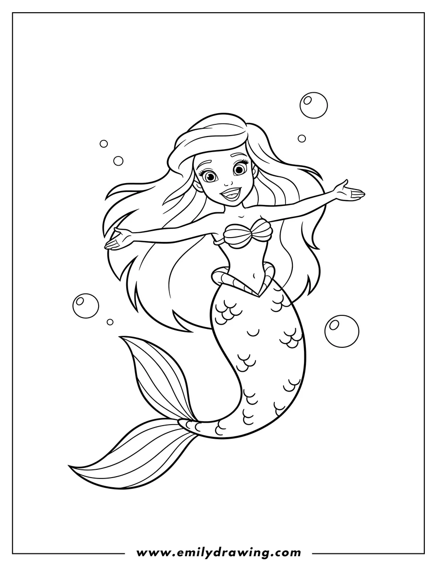 Printable coloring page of simple Ariel Preschoolers, smiling with long flowing hair and a mermaid tail
