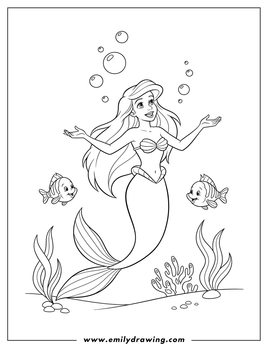 Downloadable coloring page of ariel Singing Under Sea, looking up joyfully with outstretched hands